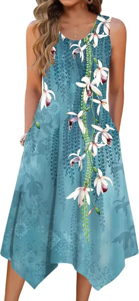 HOTOUCH Women's Casual Summer Dress Sleeveless Sundress Hankerchief Hem Midi Tank Dresses Beach Dress with Pockets