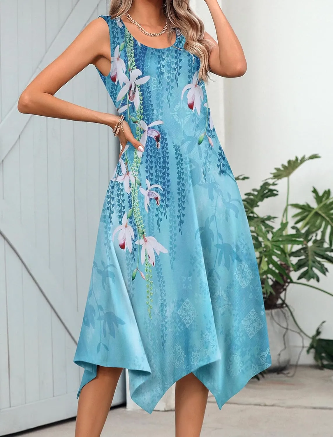 HOTOUCH Women's Casual Summer Dress Sleeveless Sundress Hankerchief Hem Midi Tank Dresses Beach Dress with Pockets