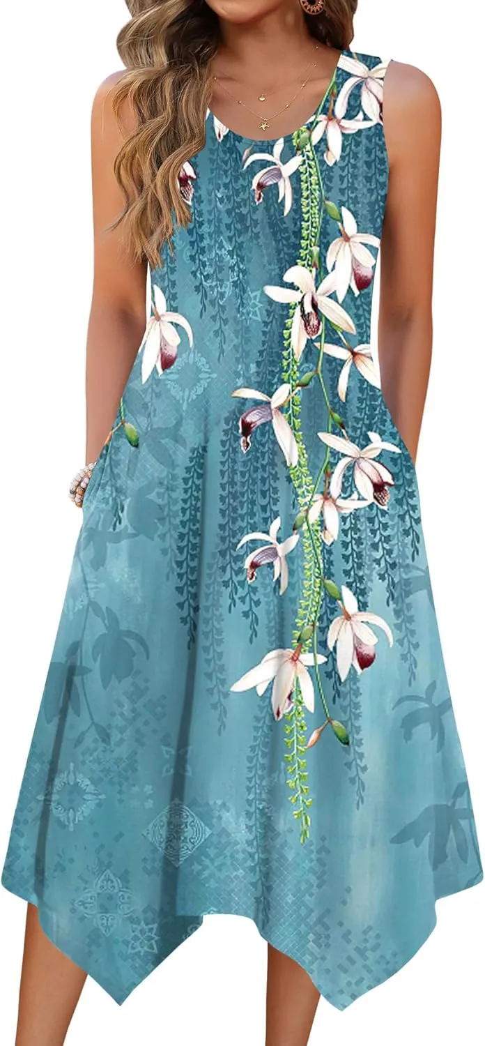 HOTOUCH Women's Casual Summer Dress Sleeveless Sundress Hankerchief Hem Midi Tank Dresses Beach Dress with Pockets