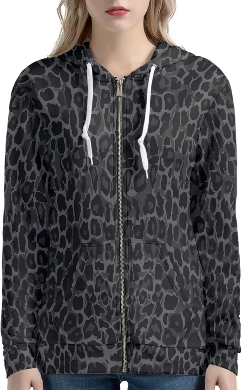 Irisjudy Island Tribal Zipper Women Hoodies with Pocket, Leopard Print,Music Notes Plus Size Hooded Sweatshirt Sport Coat