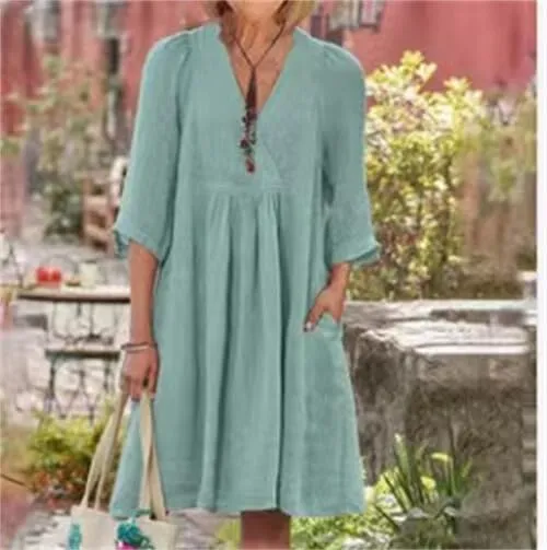IVERIRMIN Women's Summer Cotton Linen Dress Casual 3/4 Sleeve Knee Length Ruched Dresses V-Neck A-line Dresses for Women