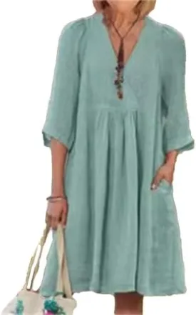 IVERIRMIN Women's Summer Cotton Linen Dress Casual 3/4 Sleeve Knee Length Ruched Dresses V-Neck A-line Dresses for Women
