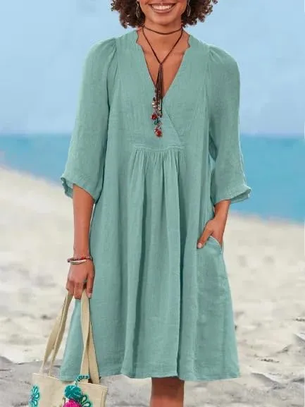 IVERIRMIN Women's Summer Cotton Linen Dress Casual 3/4 Sleeve Knee Length Ruched Dresses V-Neck A-line Dresses for Women