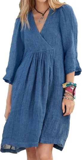 IVERIRMIN Women's Summer Cotton Linen Dress Casual 3/4 Sleeve Knee Length Ruched Dresses V-Neck A-line Dresses for Women