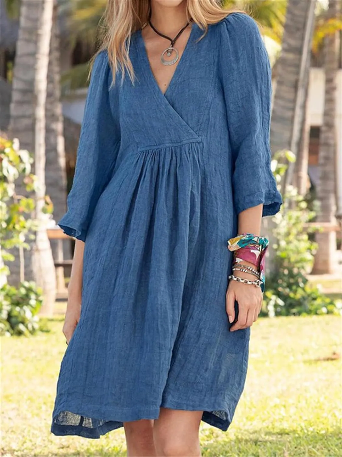 IVERIRMIN Women's Summer Cotton Linen Dress Casual 3/4 Sleeve Knee Length Ruched Dresses V-Neck A-line Dresses for Women