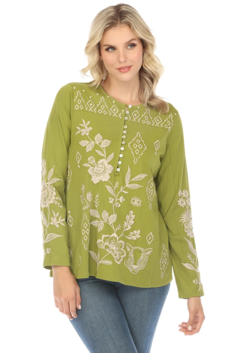 Johnny Was JWLA Ivey Long Sleeve Henley Tee Boho Chic J10223