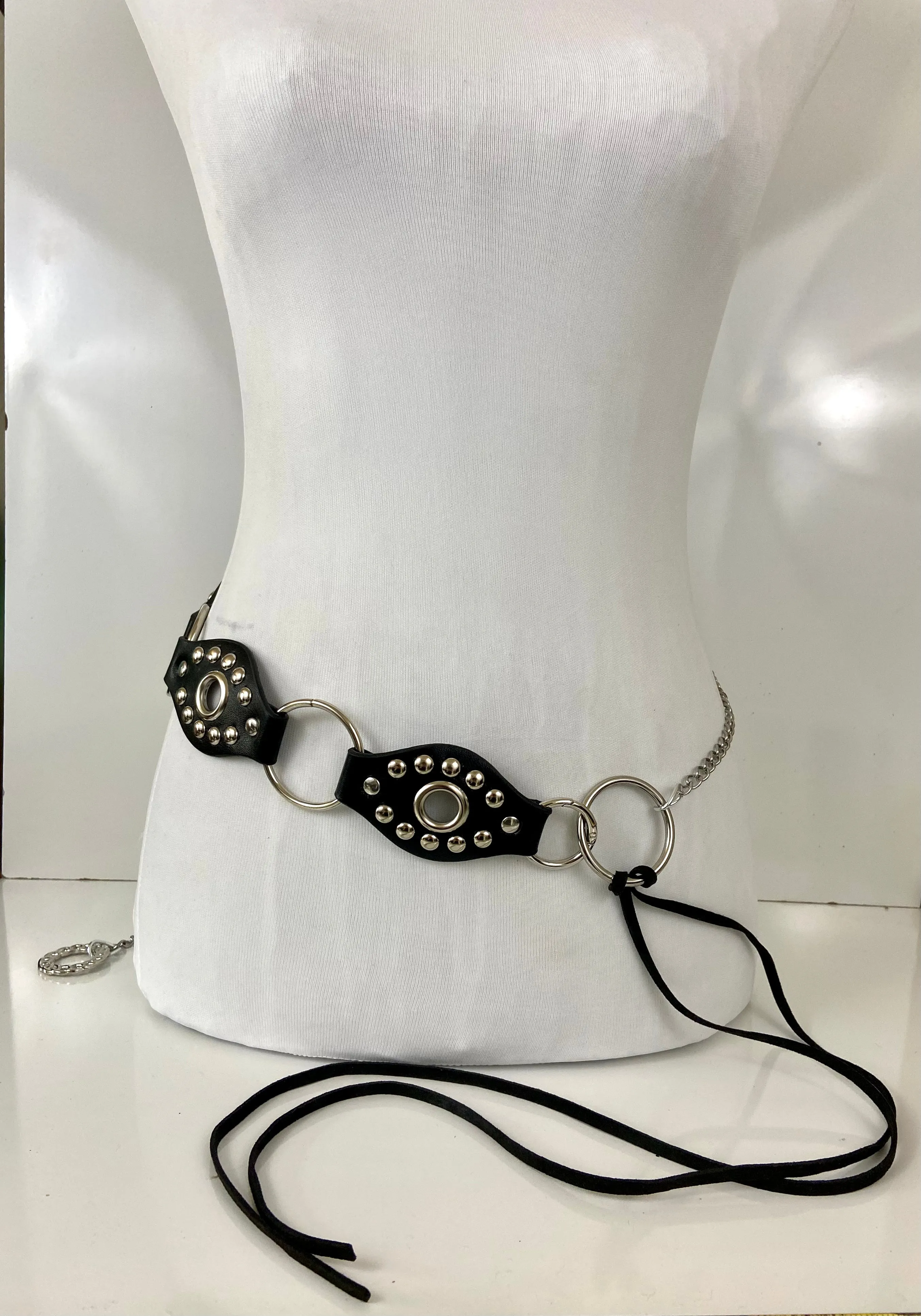Leather black and silver belt