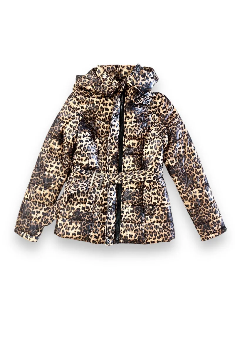 Leopard Print Hooded Full Zipper Puffer Jacket