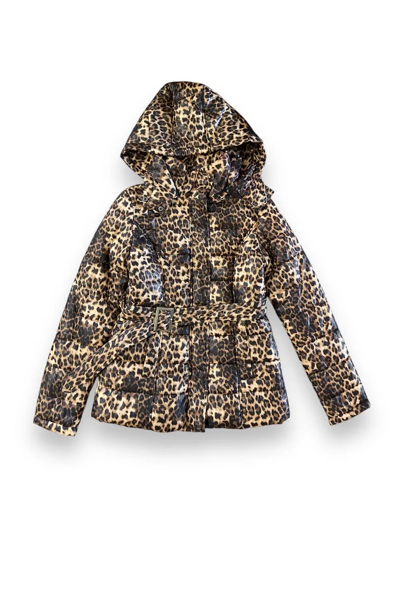 Leopard Print Hooded Full Zipper Puffer Jacket
