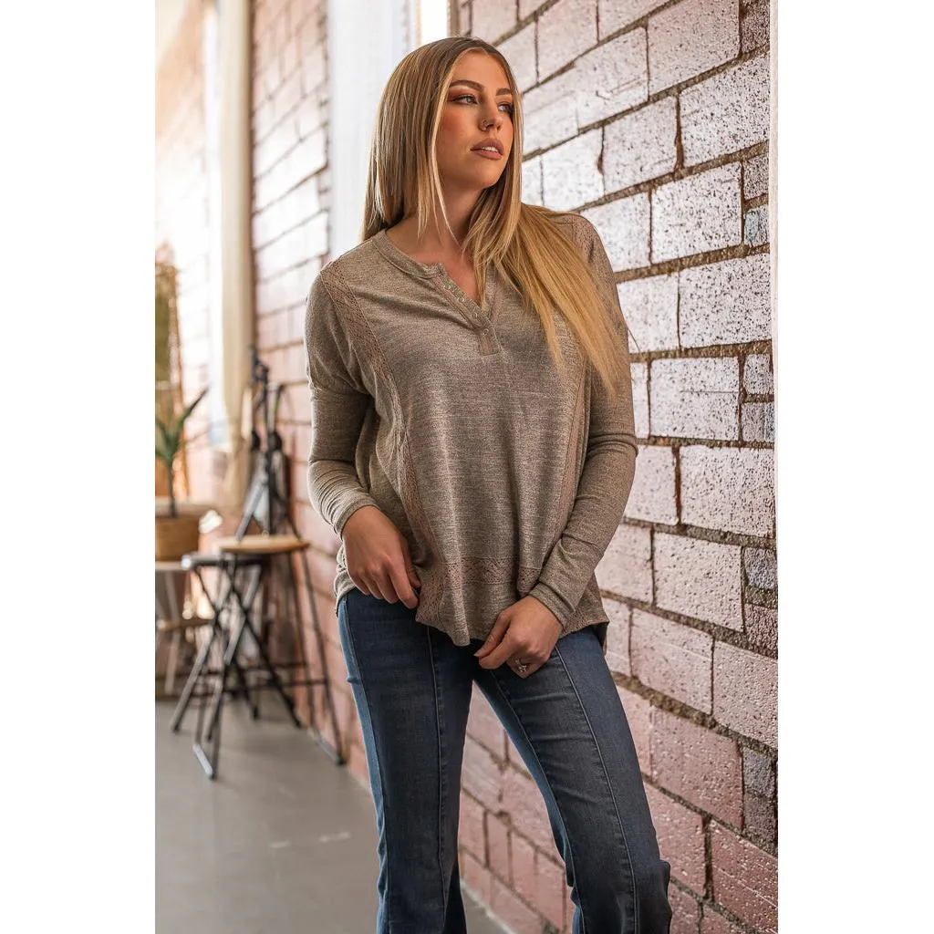 Light Taupe Henley Hacci Top with Lace Trim