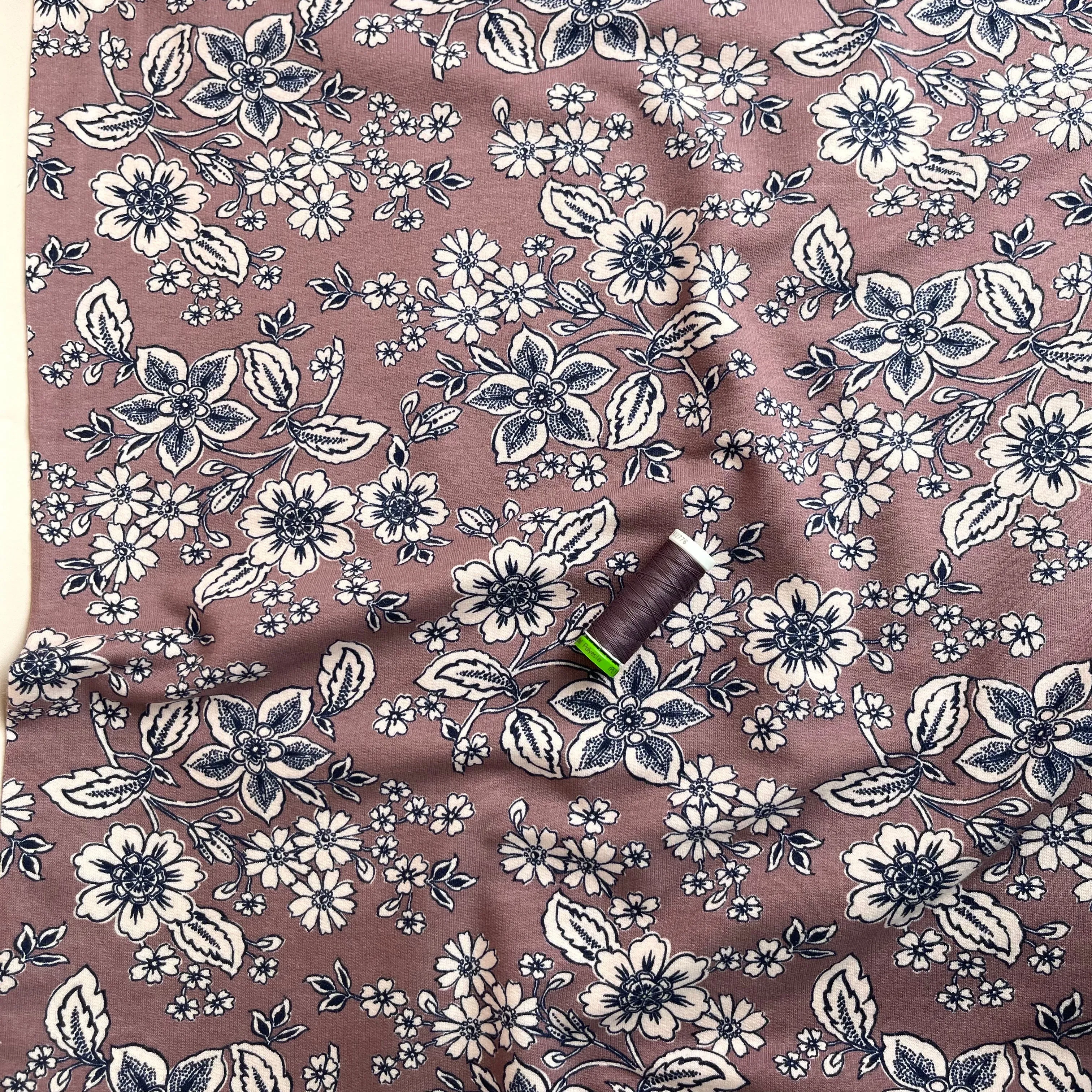Line Flowers Mauve Peach Soft Cotton Sweat-shirting Fabric