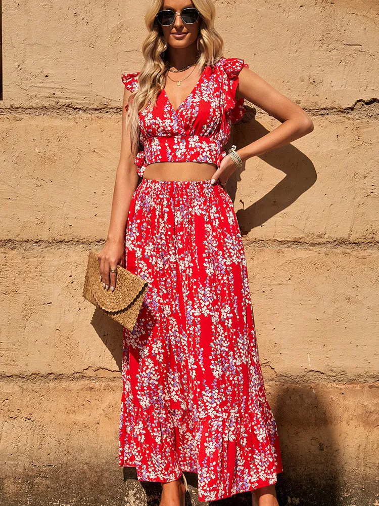 Lotus Leaf Print Crop V-Neck Top   Ruffled Hem Maxi Skirt Two-Piece Set