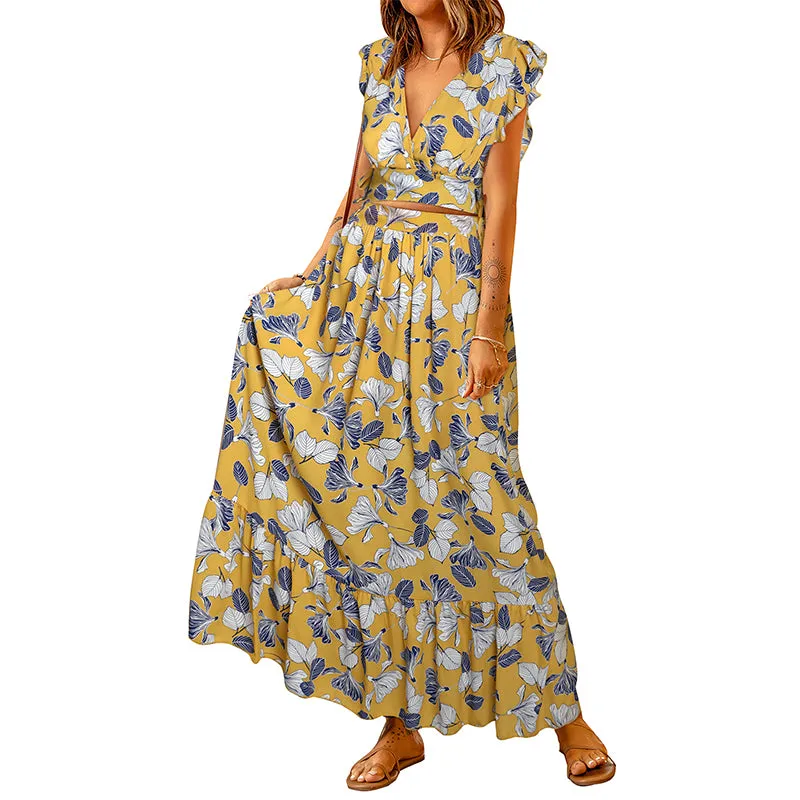 Lotus Leaf Print Crop V-Neck Top   Ruffled Hem Maxi Skirt Two-Piece Set
