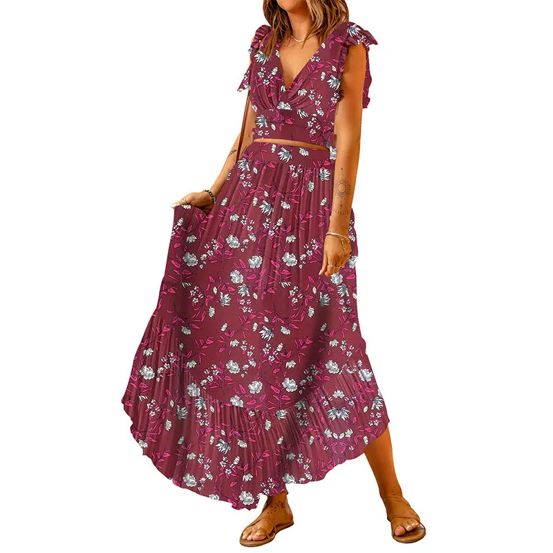 Lotus Leaf Print Crop V-Neck Top   Ruffled Hem Maxi Skirt Two-Piece Set