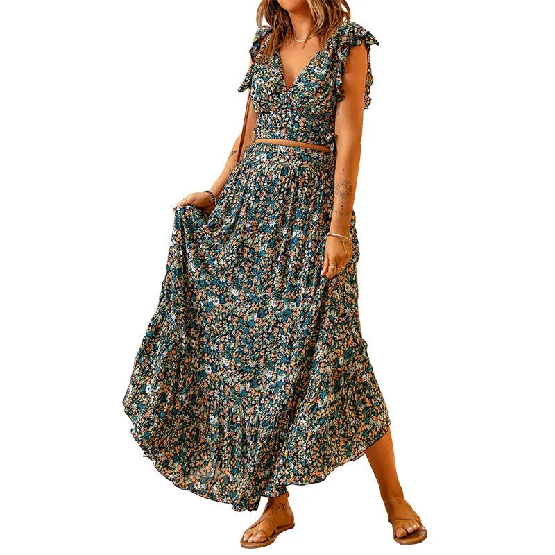 Lotus Leaf Print Crop V-Neck Top   Ruffled Hem Maxi Skirt Two-Piece Set