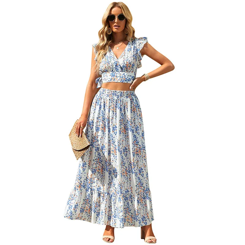 Lotus Leaf Print Crop V-Neck Top   Ruffled Hem Maxi Skirt Two-Piece Set