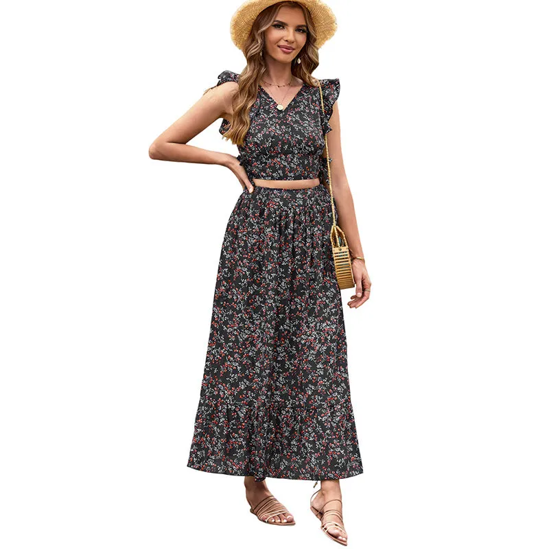 Lotus Leaf Print Crop V-Neck Top   Ruffled Hem Maxi Skirt Two-Piece Set