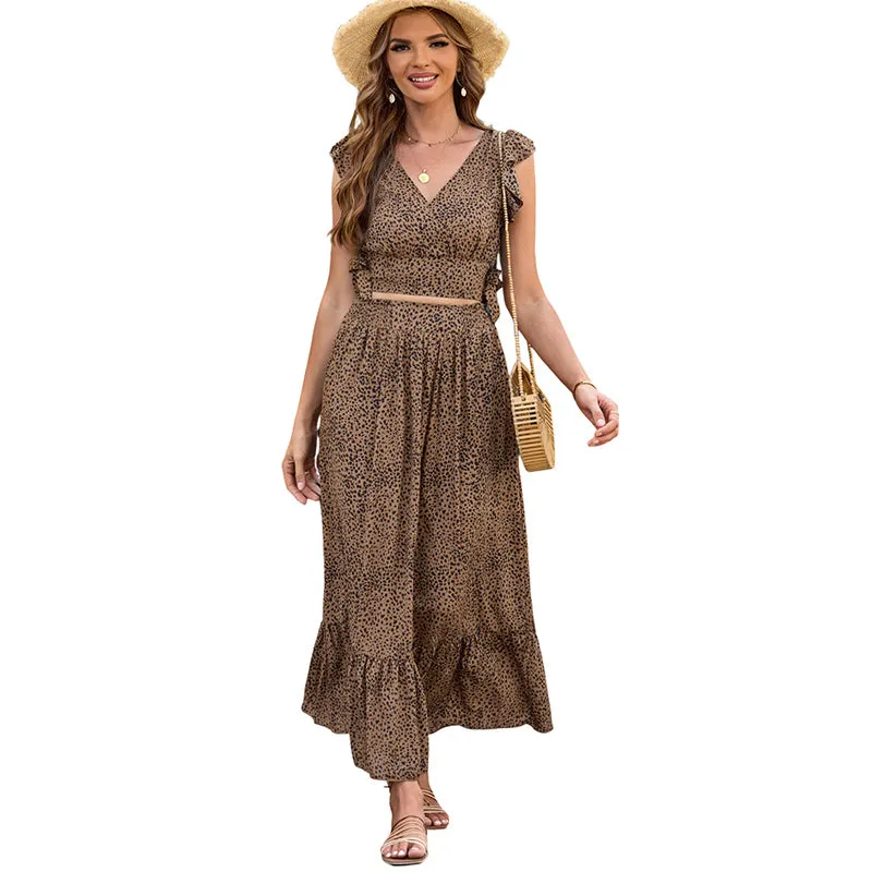 Lotus Leaf Print Crop V-Neck Top   Ruffled Hem Maxi Skirt Two-Piece Set