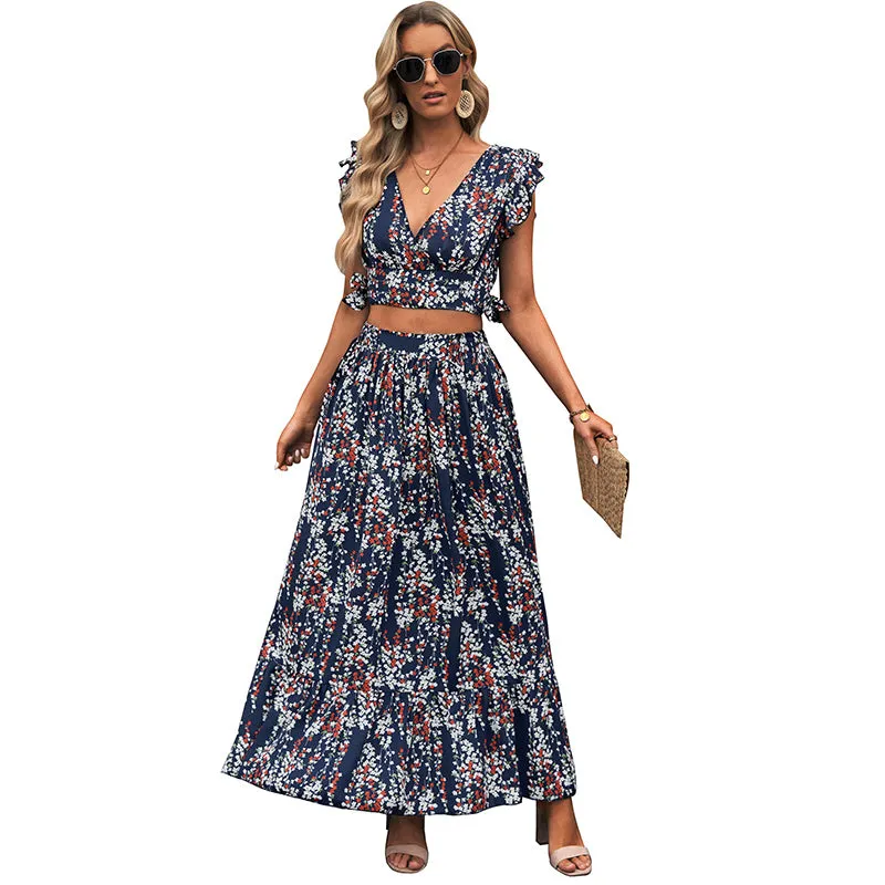 Lotus Leaf Print Crop V-Neck Top   Ruffled Hem Maxi Skirt Two-Piece Set