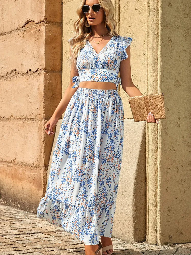 Lotus Leaf Print Crop V-Neck Top   Ruffled Hem Maxi Skirt Two-Piece Set