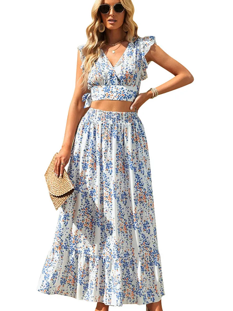 Lotus Leaf Print Crop V-Neck Top   Ruffled Hem Maxi Skirt Two-Piece Set