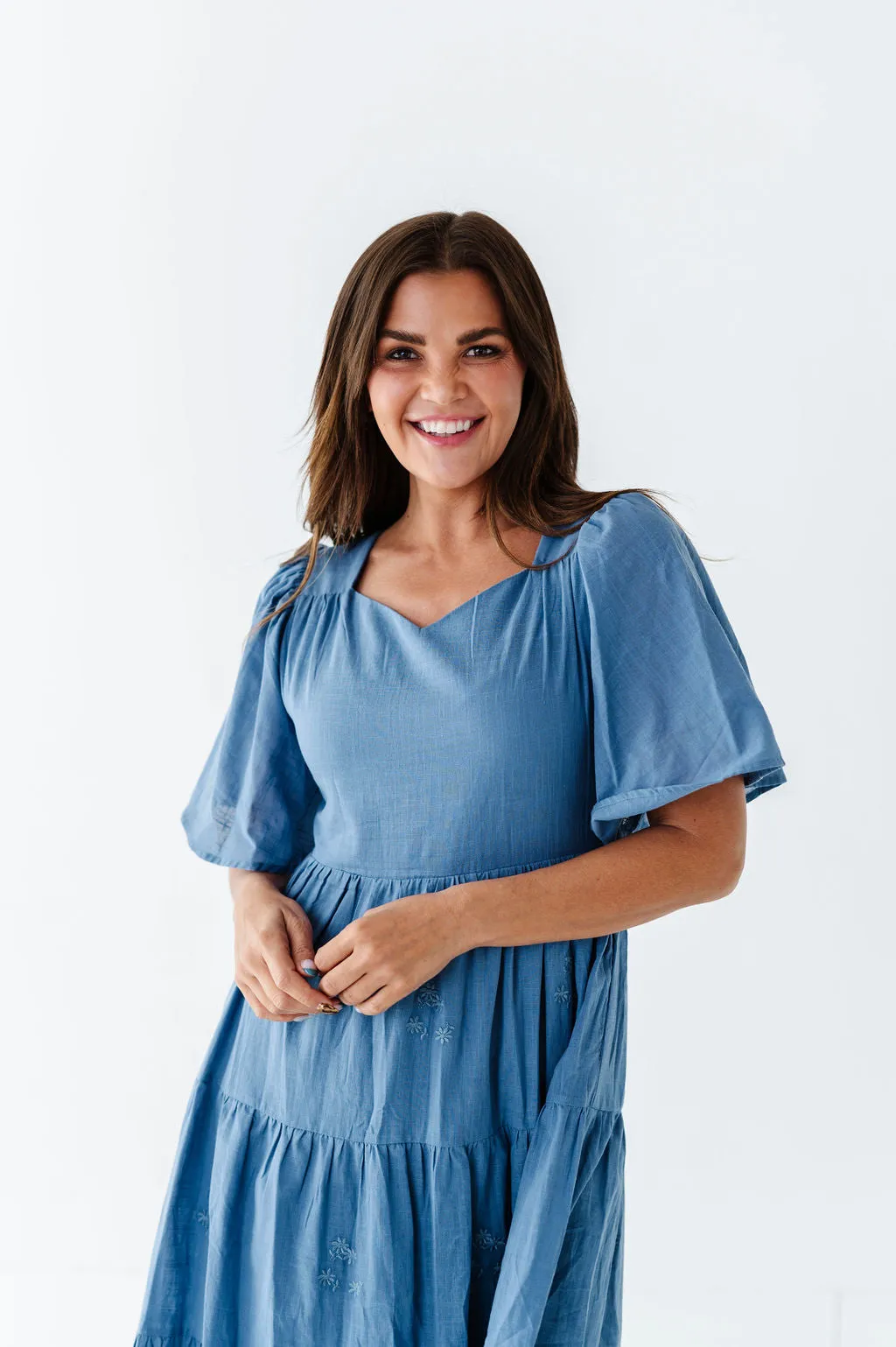 Lucia Embroidered Dress in Dusty Blue
