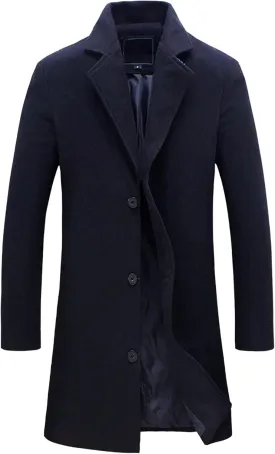 Maiyifu-GJ Men's Full Length Wool Blend Coat Single Breasted Quilted Lined Trench Overcoat Winter Windproof Business Jacket