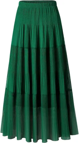 Maxi Skirts for Women Pleated Long Flowy Chiffon Elastic Waist Tiered A Line Skirt