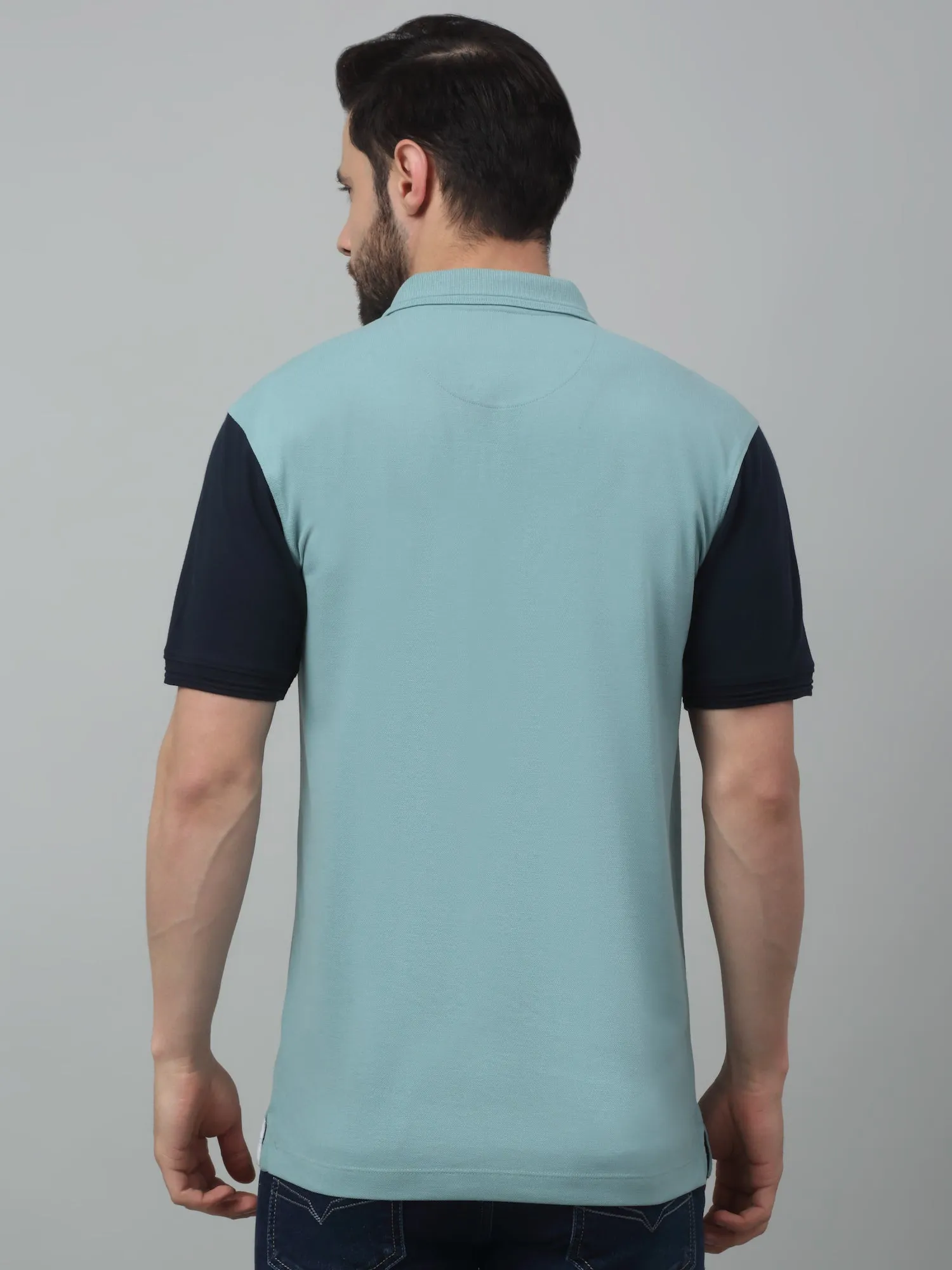 Men's Aqua Green Color block Polo neck Half Sleeve T-Shirt with Diagonal color block at front & sleeve in contrast.