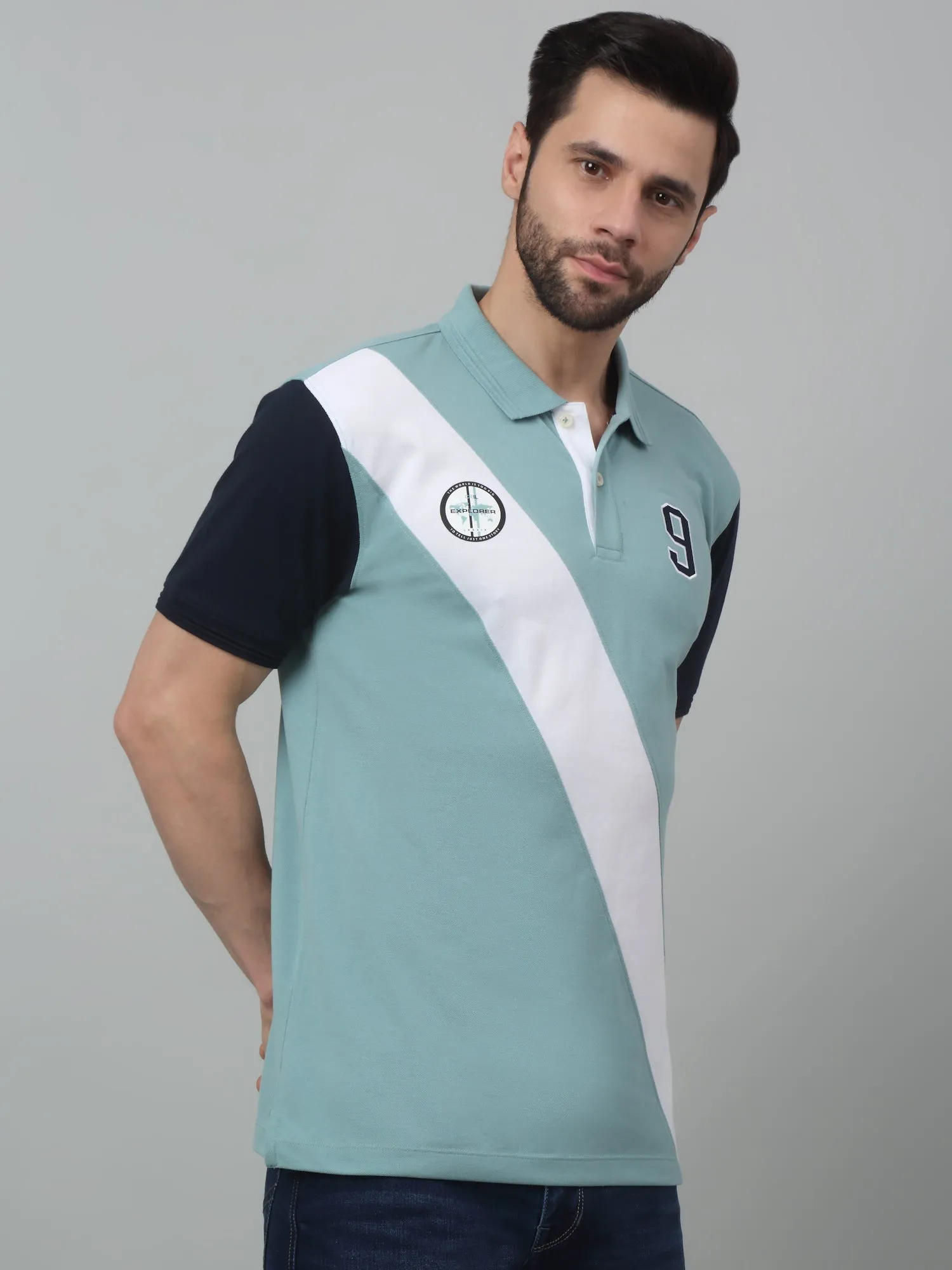 Men's Aqua Green Color block Polo neck Half Sleeve T-Shirt with Diagonal color block at front & sleeve in contrast.