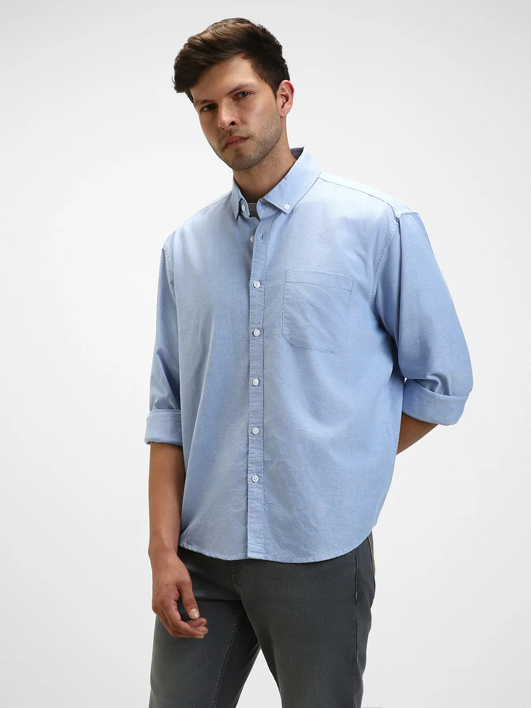 Men's Button Down Collar Regular Fit Solid Blue Casual Shirts