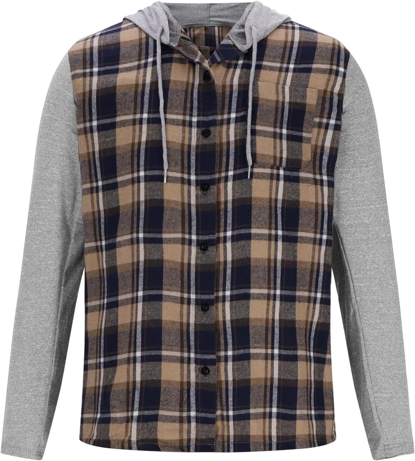 Men's Flannel Plaid Button Shirt Jackets with Hood, Casual Raglan Sleeve Checkered Hoody Shirts Fall Tops with Pocket