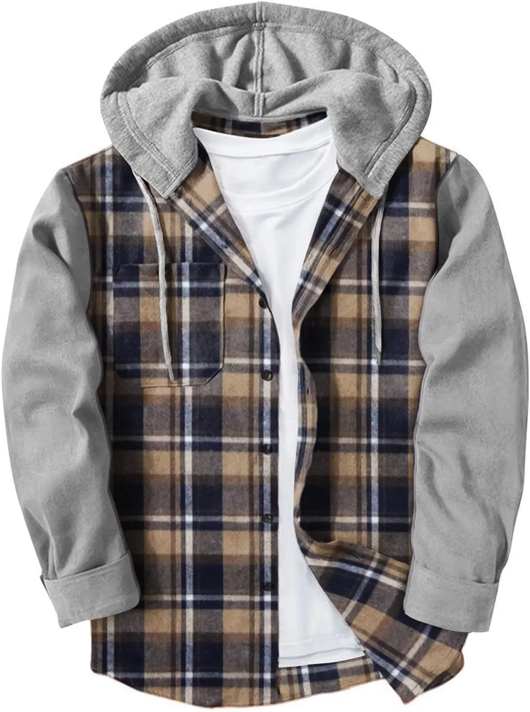 Men's Flannel Plaid Button Shirt Jackets with Hood, Casual Raglan Sleeve Checkered Hoody Shirts Fall Tops with Pocket