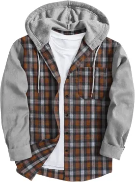 Men's Flannel Plaid Button Shirt Jackets with Hood, Casual Raglan Sleeve Checkered Hoody Shirts Fall Tops with Pocket