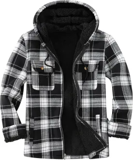 Men's Flannel Plaid Hooded Jackets Full Zip Sherpa Fleece Lined Hoodies Fashion Warm Coat