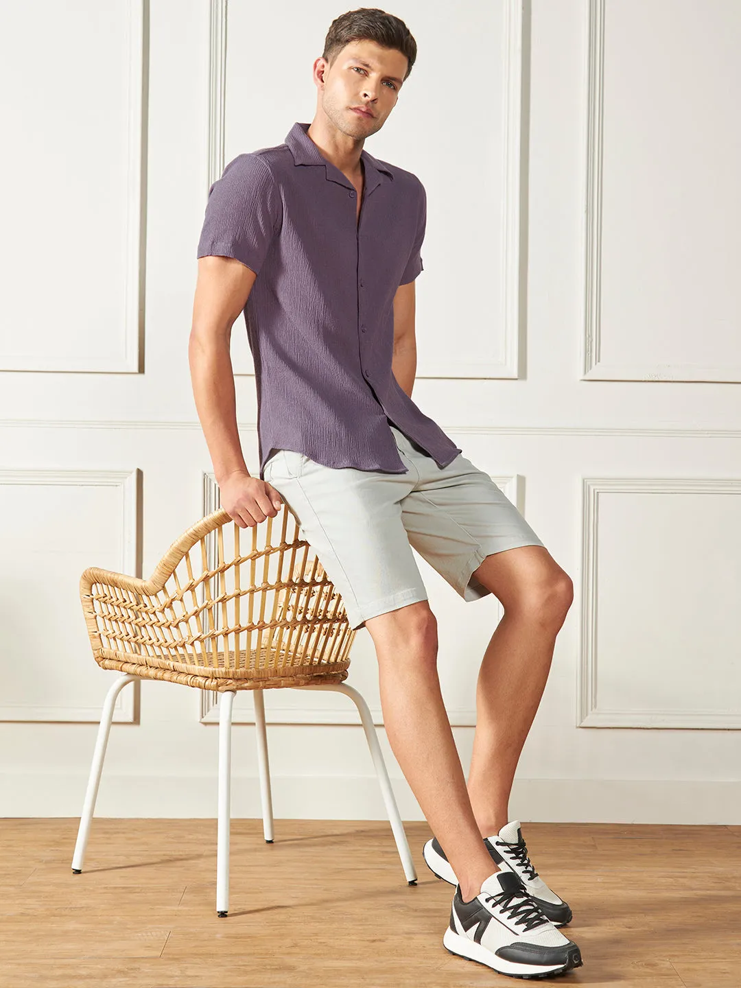 Men's Purple Textured Cuban Collar Cotton Poly Casual Shirt