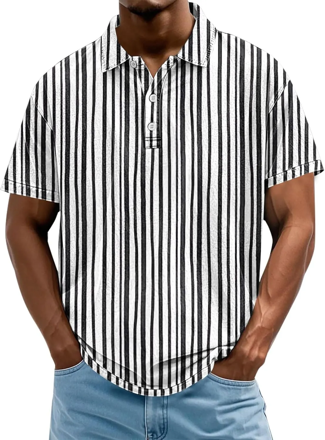 Mens Vertical Striped Polo Shirts Summer Color Block Tshirt Plus Size V Neck Tee Short Sleeve Vintage Collar Tops