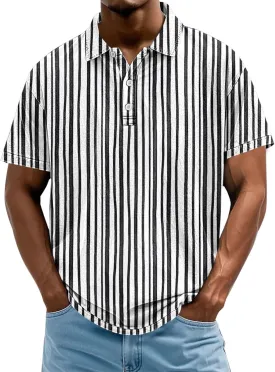 Mens Vertical Striped Polo Shirts Summer Color Block Tshirt Plus Size V Neck Tee Short Sleeve Vintage Collar Tops