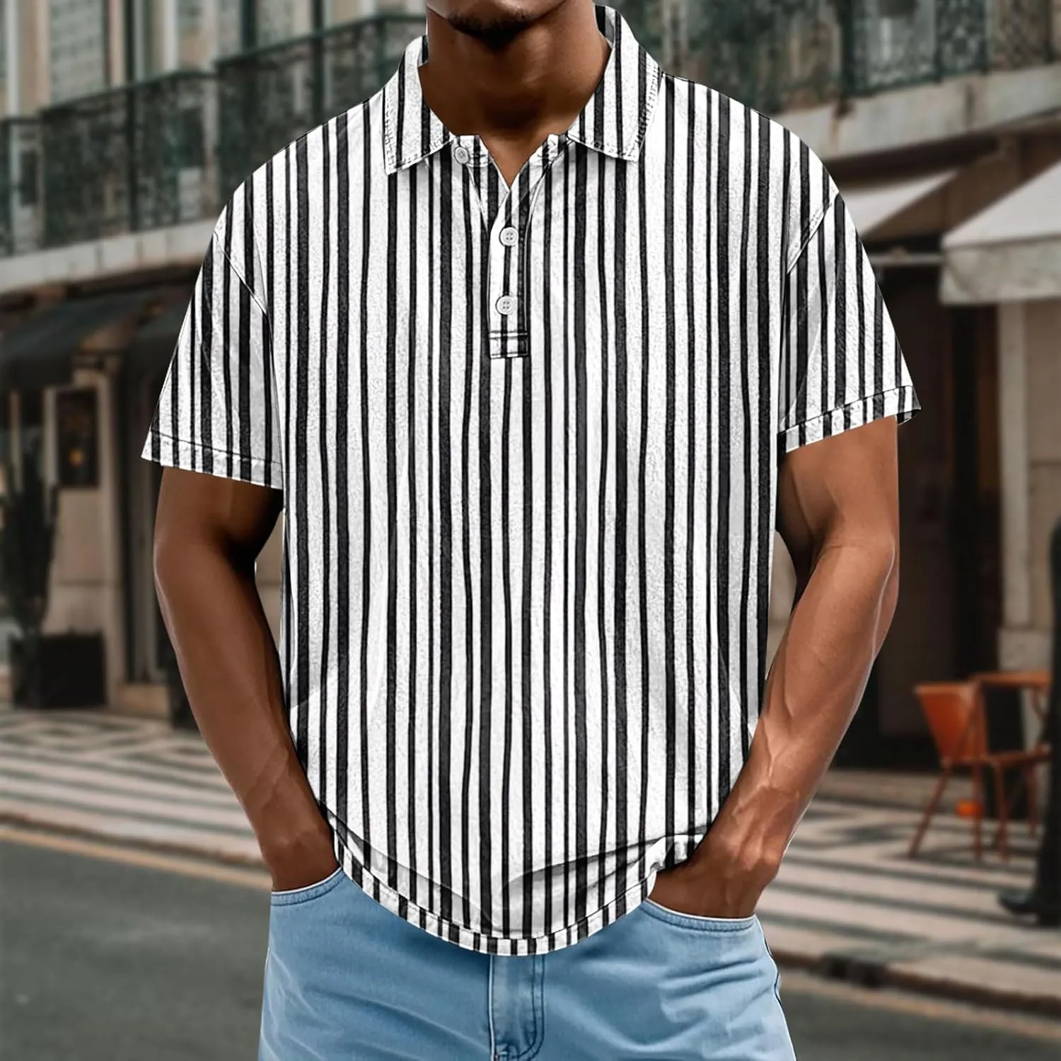 Mens Vertical Striped Polo Shirts Summer Color Block Tshirt Plus Size V Neck Tee Short Sleeve Vintage Collar Tops