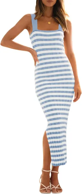 MEROKEETY Women's 2025 Summer Spring Bodycon Midi Dress Vacation Sleeveless Ribbed Knit Striped Party Sweater Dresses