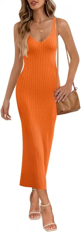 MEROKEETY Womens 2025 Summer Spring V Neck Knit Midi Dress Bodycon Casual Sleeveless Ribbed Sweater Dresses