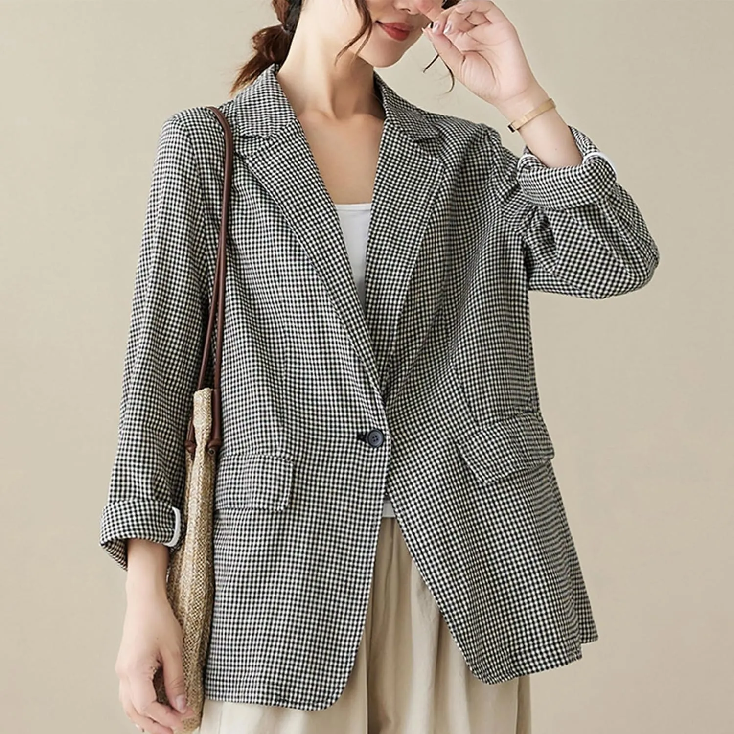 MINTLIMIT Womens Linen Blazer Summer Long Sleeve Lapel Button Work Office Jackets Casual Plaid Blazers with Pockets