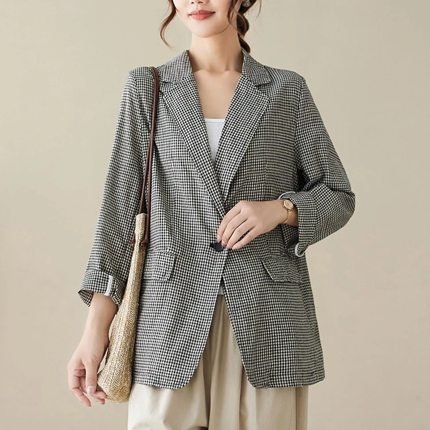 MINTLIMIT Womens Linen Blazer Summer Long Sleeve Lapel Button Work Office Jackets Casual Plaid Blazers with Pockets