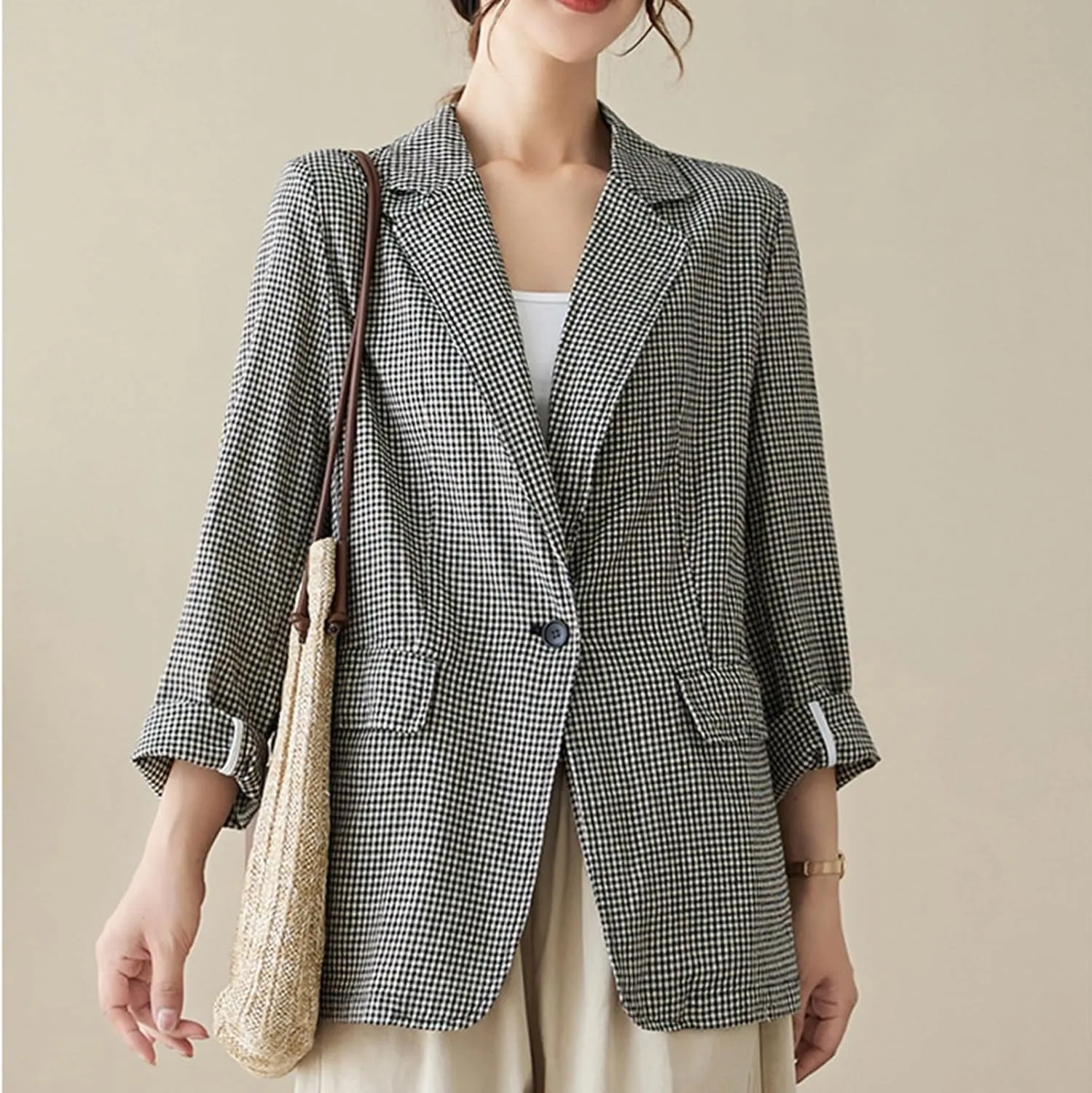 MINTLIMIT Womens Linen Blazer Summer Long Sleeve Lapel Button Work Office Jackets Casual Plaid Blazers with Pockets
