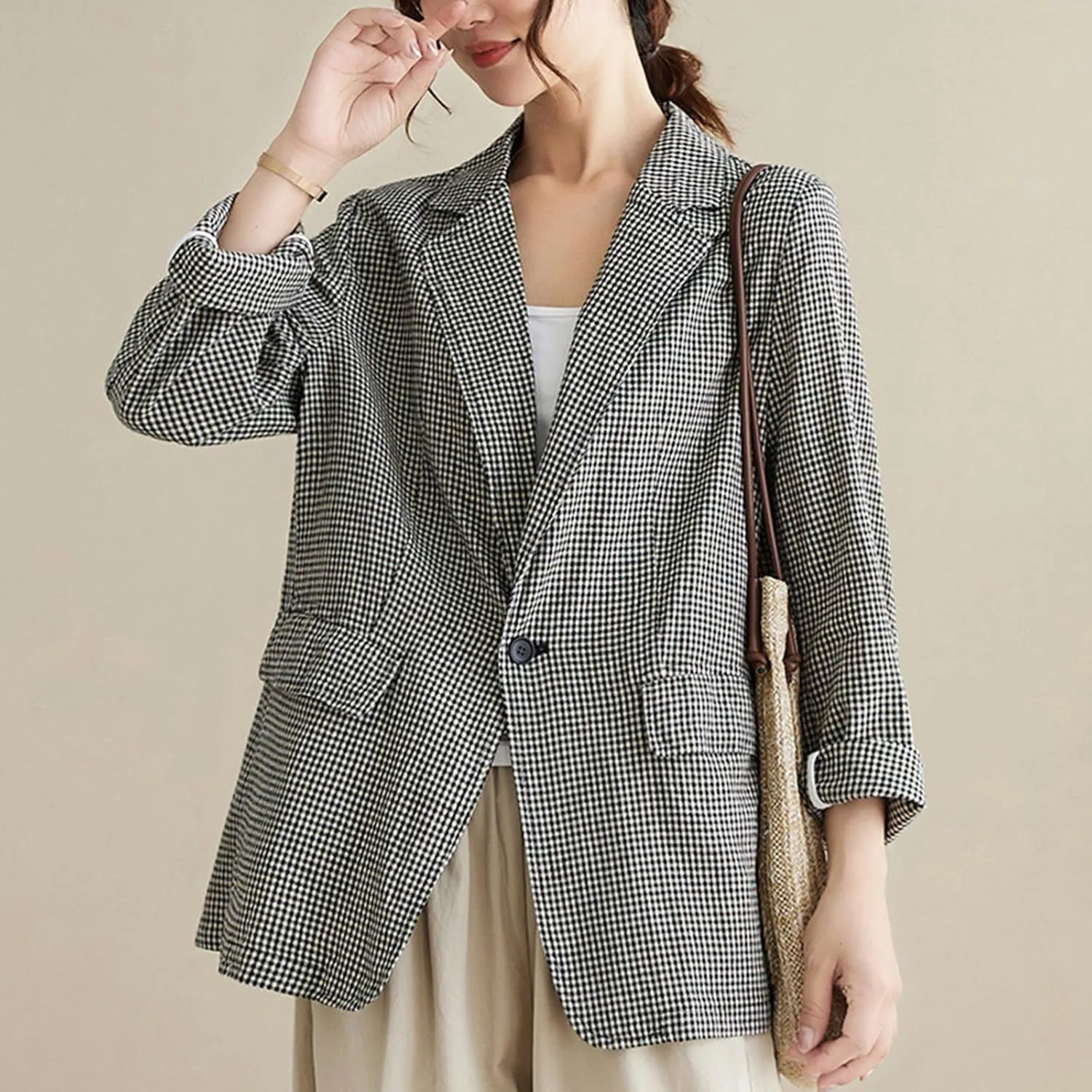 MINTLIMIT Womens Linen Blazer Summer Long Sleeve Lapel Button Work Office Jackets Casual Plaid Blazers with Pockets