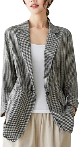 MINTLIMIT Womens Linen Blazer Summer Long Sleeve Lapel Button Work Office Jackets Casual Plaid Blazers with Pockets