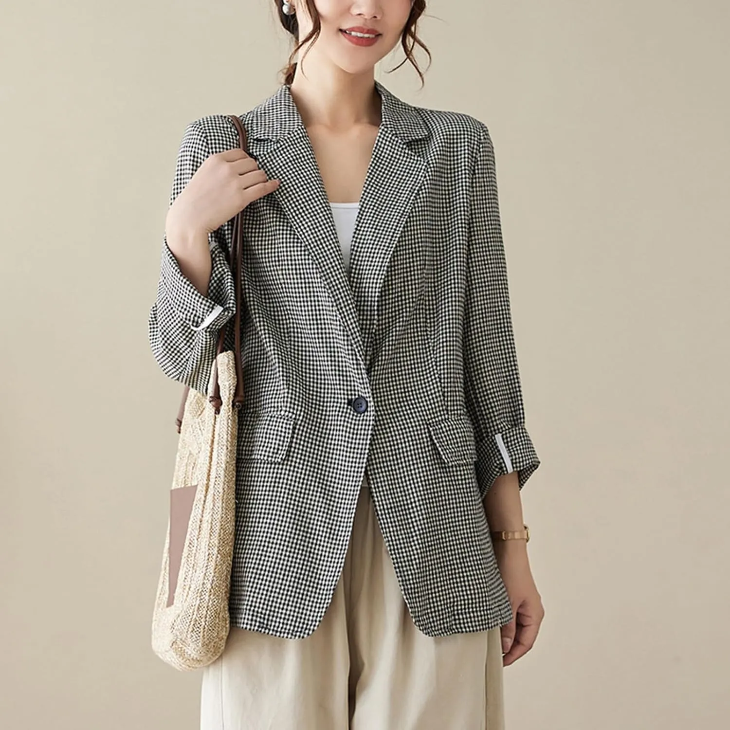 MINTLIMIT Womens Linen Blazer Summer Long Sleeve Lapel Button Work Office Jackets Casual Plaid Blazers with Pockets