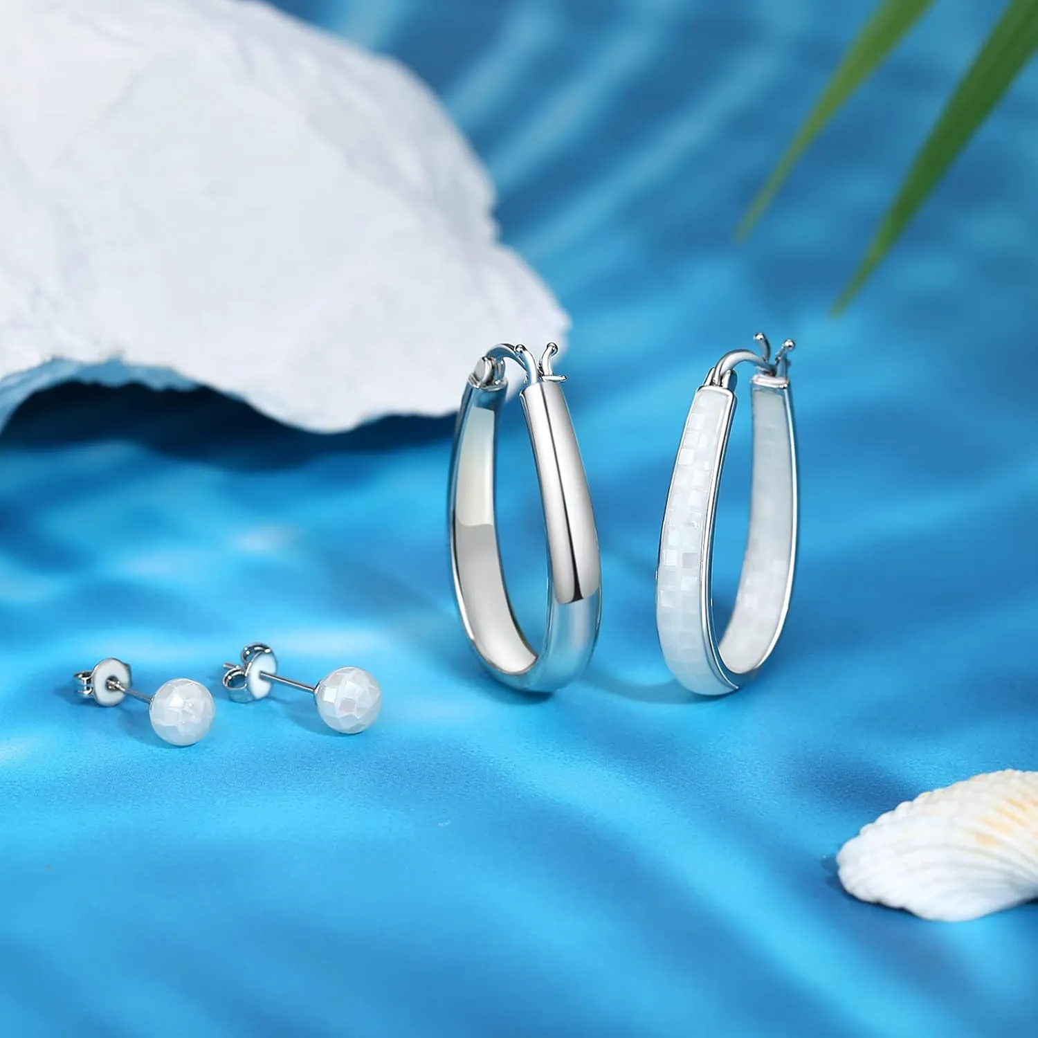 MUYUU Rhodium Plated Oval Inside Out Shell Hoop Earrings For Women&Girls Fashion Jewelry Gift