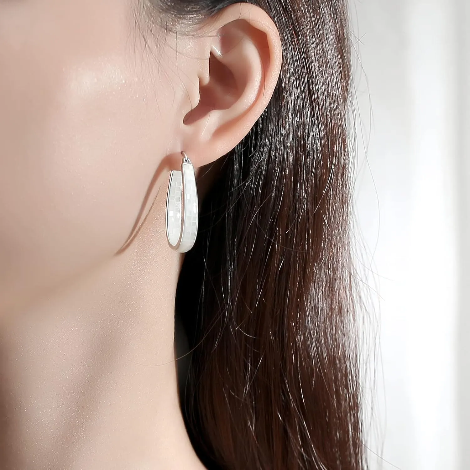 MUYUU Rhodium Plated Oval Inside Out Shell Hoop Earrings For Women&Girls Fashion Jewelry Gift