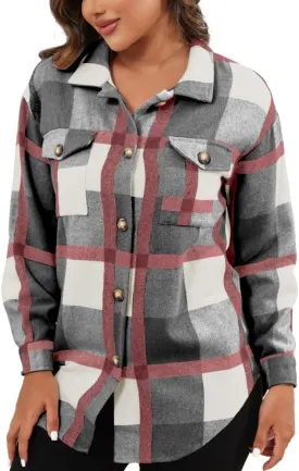 Nimsruc Flannel Shacket Women Fall Jackets Plaid Button Down Shirts